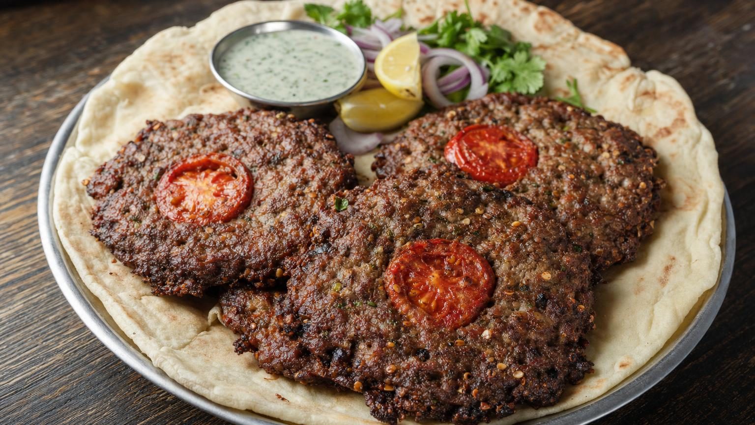 Peshawari chapli kebab with tomato slices on naan with onions, lemon and mint chutney