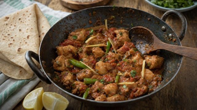 Boneless chicken karahi in a black karahi with chapati and lemon