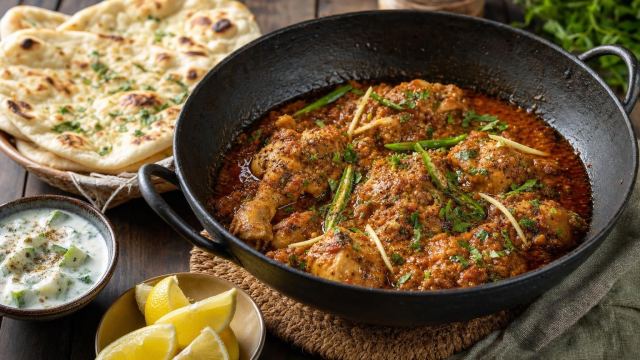 Authentic Pakistani chicken karahi in a black iron karahi with naan and lemon