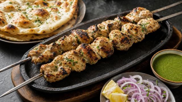 Chicken malai boti on seekh skewers with mint chutney, onion rings and naan